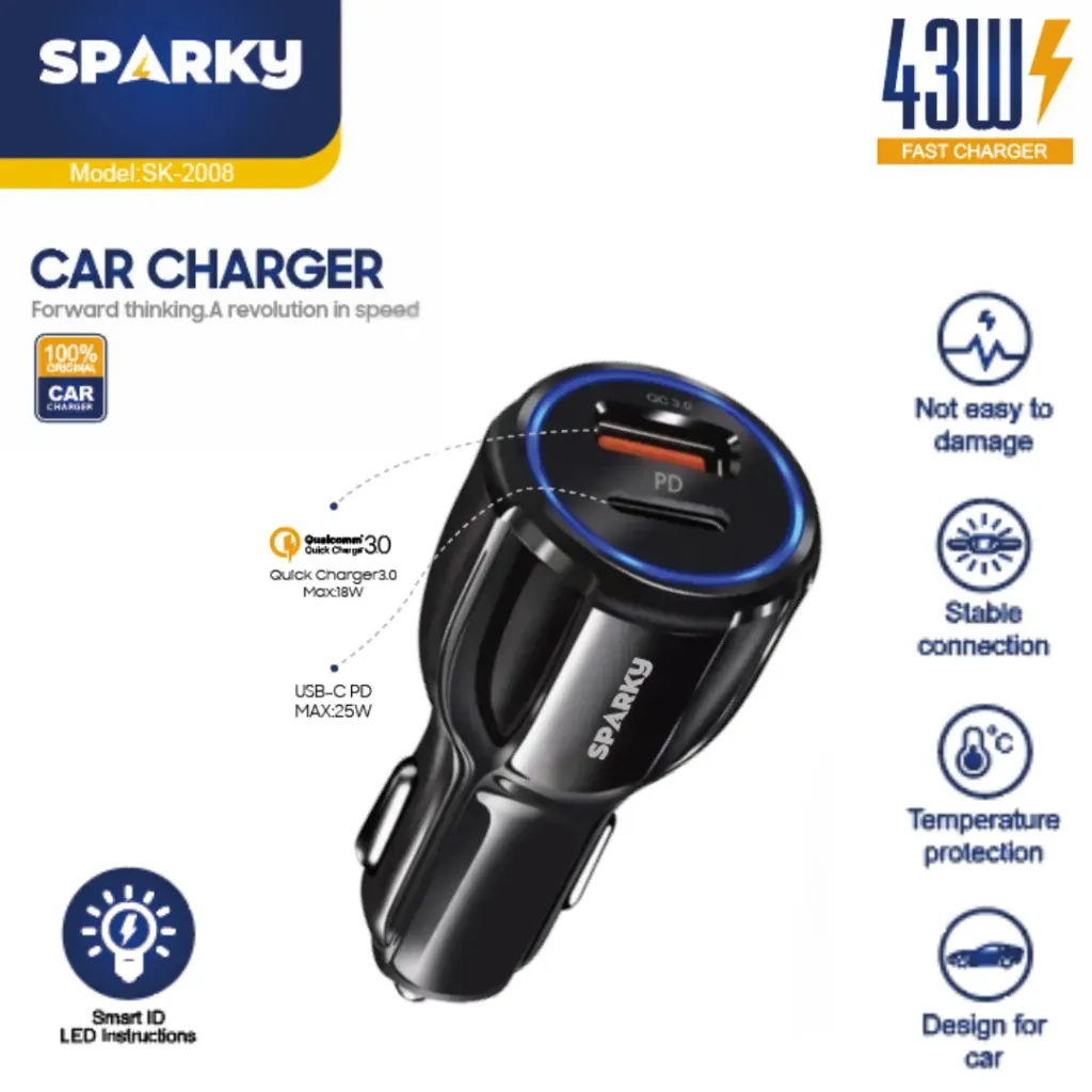شاحن سيارة مخرجين سريع+عادي 43 وات SK-2008