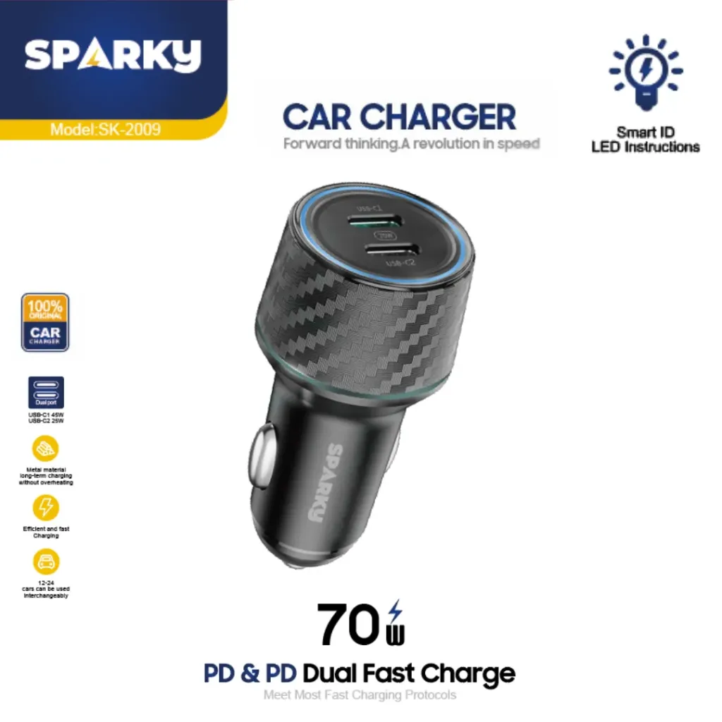 [SK-2009] شاحن سيارة مخرجين سريع+عادي 70  وات SK-2009